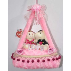 Pink Bed Hanging Jhoola with Love Couple Teddy Bears